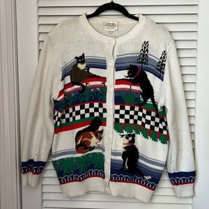 Vintage Cat Patterned White Sweater